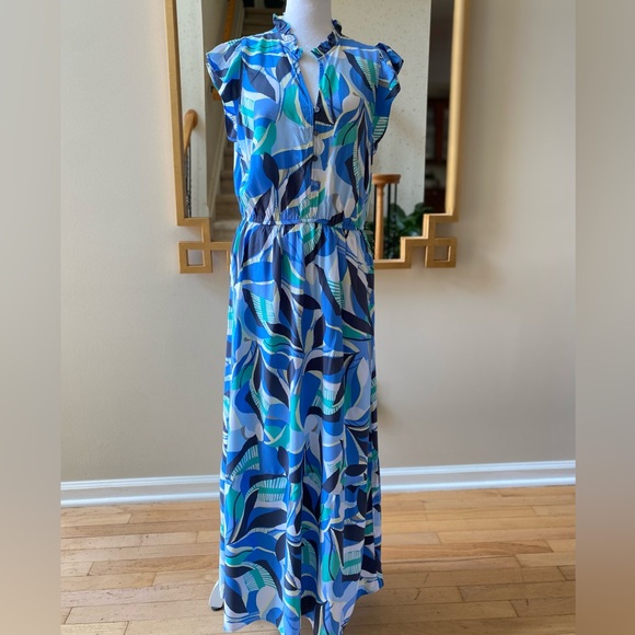 LOFT Dresses & Skirts - LOFT Blue Green Abstract Print Ruffle Sleeve Maxi Dress Large Petite